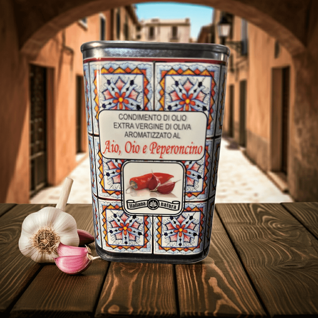 Extra Vergine Olijfolie “Aio, Oio e Peperoncino” 25cl – Decoratief Blik