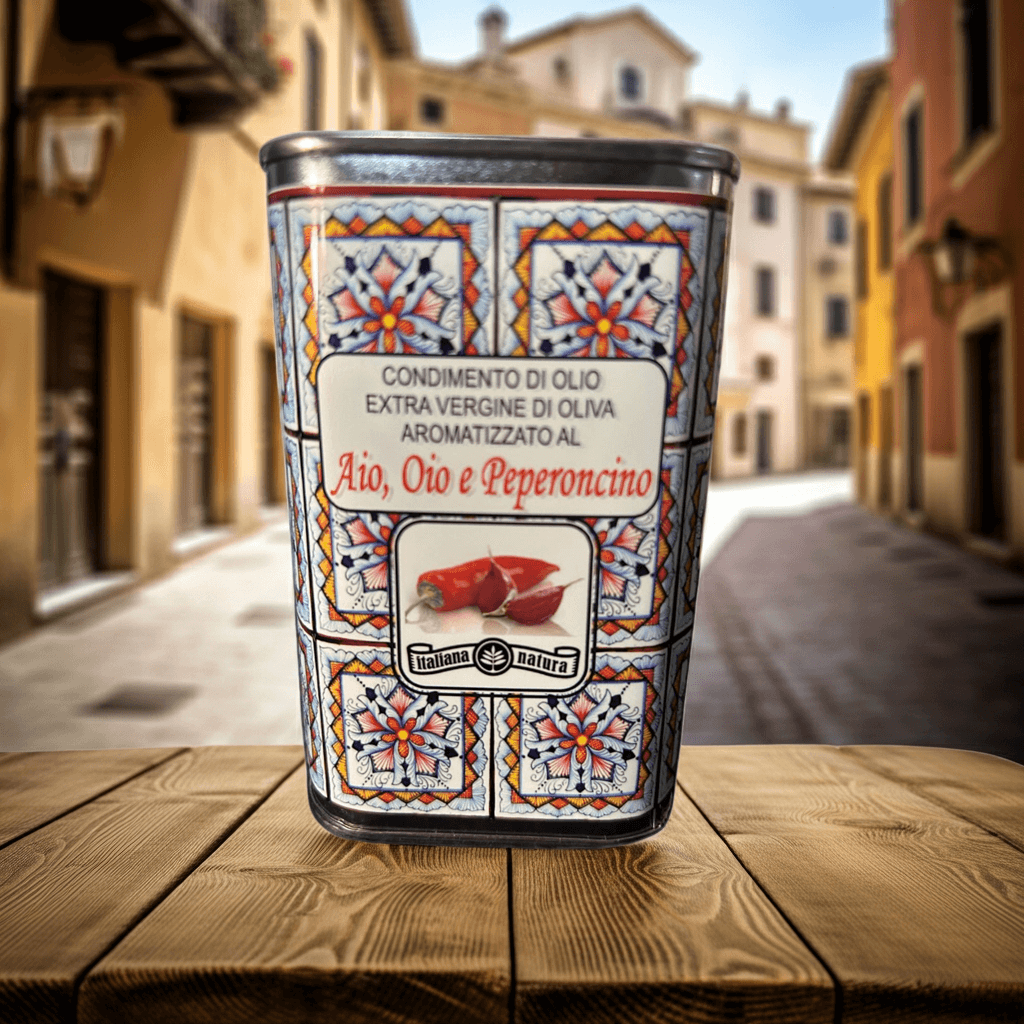 Extra Vergine Olijfolie “Aio, Oio e Peperoncino” 25cl – Decoratief Blik